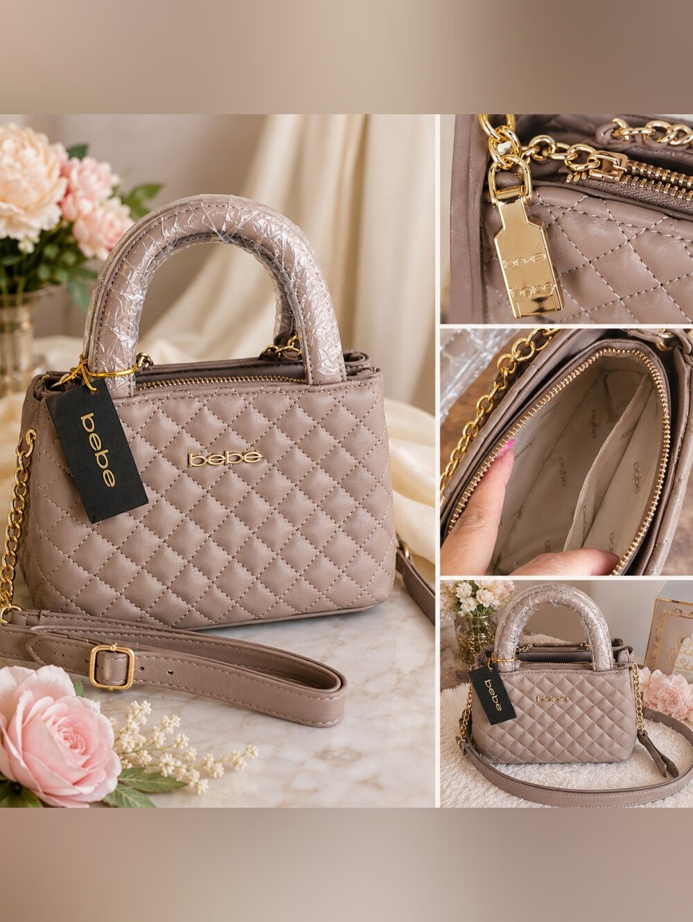 ✨️Bebe Quilted Mini Satchel Crossbody Bag Taupe/Stone Gold Hardware NWT